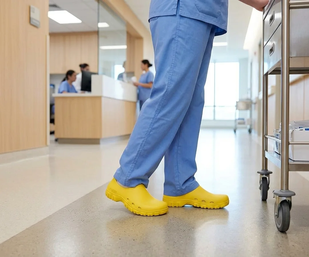Nurse in scrubs wearing yellow POSSO clogs in a hospital corridor